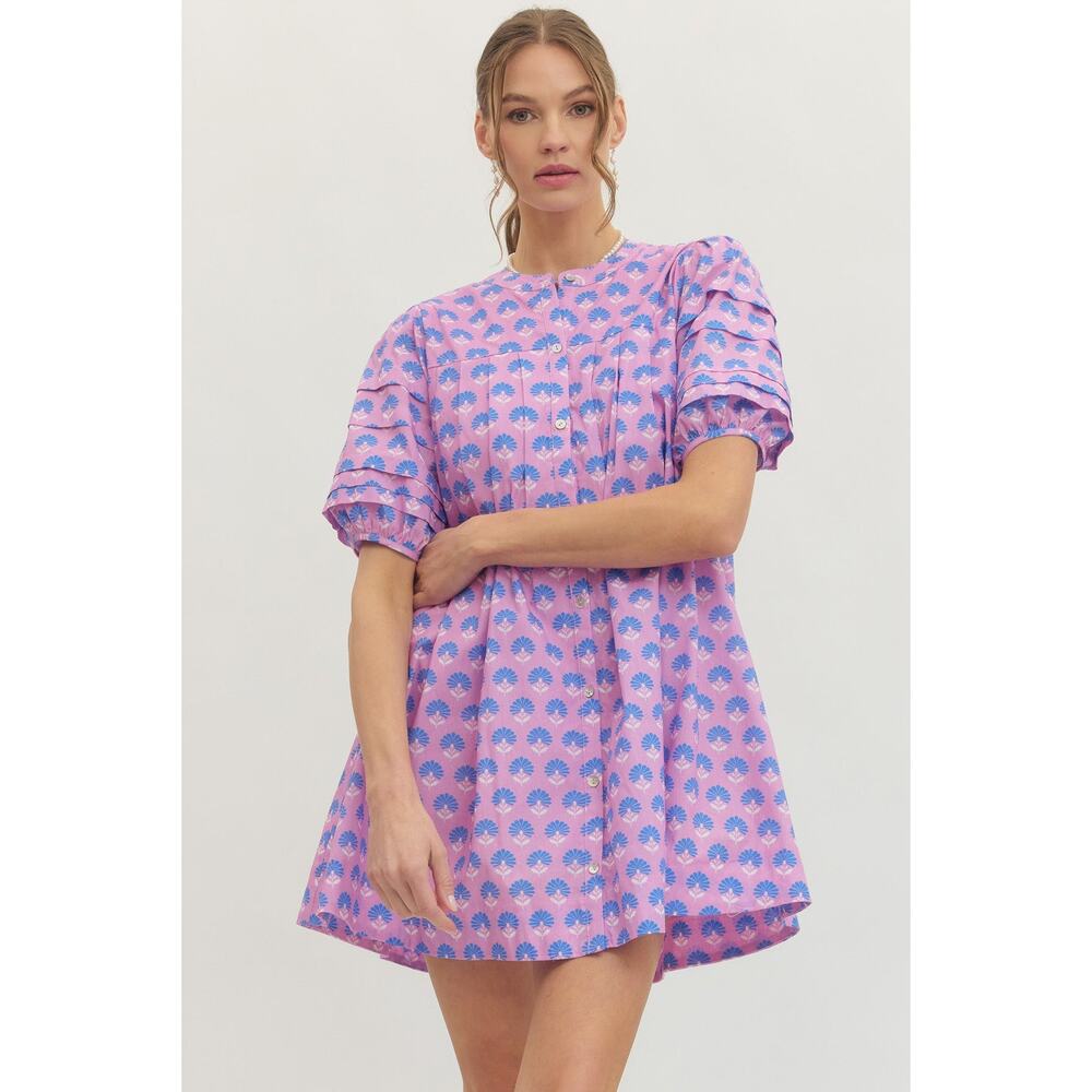 Entro NWT Purple Cotton Babydoll Mini Dress with Puff Sleeves Sz M - Picture 3 of 10